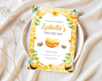 First Bee Day Birthday Invitation: 5x7 Editable Canva Template (Digital Download