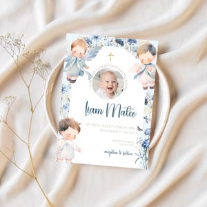 invitation bleue de baptême de bébé | Modèle de toile de baptême sur le thème des anges | Invitation numérique modifiable | Carte d'invitation de baptême avec photo