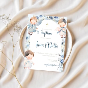 Invitación de bautismo de niño azul / Plantilla de Canva para bautizo con temática de ángel / Invitación digital editable / Tarjeta de invitación para bautizo