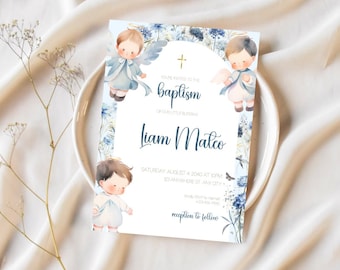 May include: A baptism invitation card featuring watercolor illustrations of cherubic angels and floral accents. The card includes the name "Liam Mateo" and event details. The design is in soft blue and white tones.