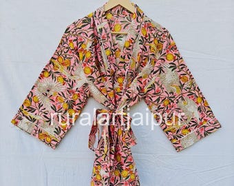 Indian Print Cotton Kimono Robe, Beach Cover Up