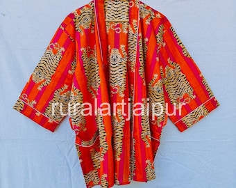 Printed Cotton Short Kimono Robe, Lightweight Beach Cover-Up