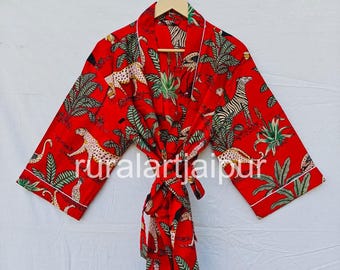 Floral Print Short Cotton Kimono Robe: Beach Cover-Up