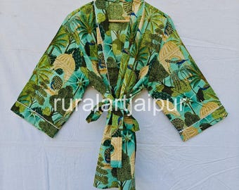 Floral Print Cotton Kimono Robe: Hand Block Indian Jacket