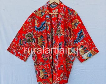 Indian Print Cotton Kimono Robe: Lightweight Short Jacket