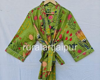 Floral Print Cotton Kimono Robe, Indian Mini Jacket