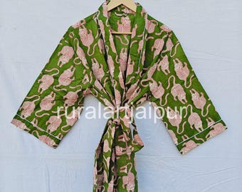 Indian Print Short Cotton Kimono Robe: Beach Cover Up