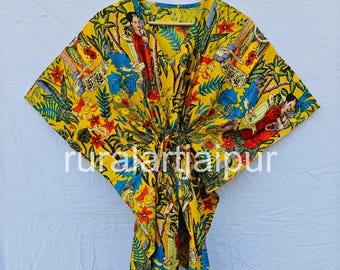 Farida Kahlo Print Cotton Kaftan, Mini Beach Cover Up, Free Size