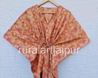 Hand Block Print Cotton Caftan, Bohemian Resort Dress