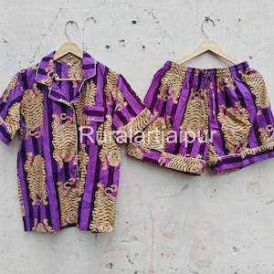 100% Cotton Stripe Tiger Print Short Set, Shorts Pyjama Set, Gift For Her, Short Dress, Gift For Mom, Shorts Pj's, Shorts Pajama, Shorts Set
