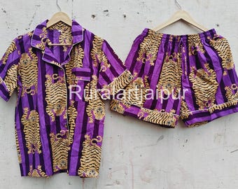 Indian Cotton Pajama Set: Stripe Tiger Print Women's Summer Shorts