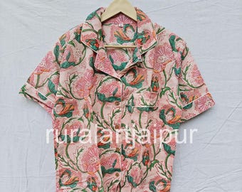 Cotton Pajama Set, Block Print Sleepwear, Women's Summer Dress