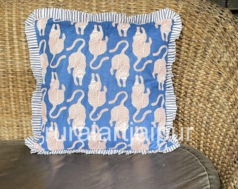Ruffled Cotton Pillow Cover: Hand Block Print Decorative Pillowcase