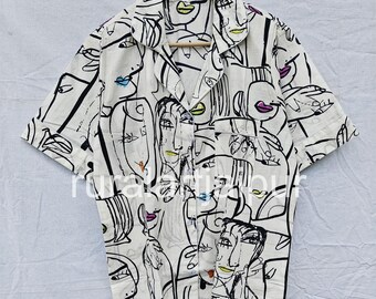 Indian Cotton Pajama Set, Abstract Face Print, Short Sleeve Nightwear
