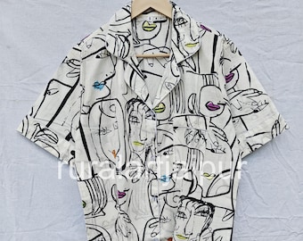 Cotton Bridesmaid Pajama Set, Abstract Faces Print, Short Sleeve