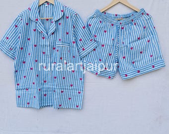 Cotton Pajama Short Set: Pink Heart Print Ladies Sleepwear