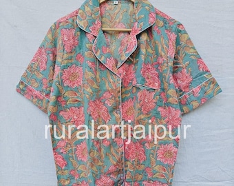 Cotton Pajama Set: Floral Block Print, Women's Nightwear