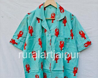 Lobster Hawaiian Print Cotton Pajama Set, Short Pajamas