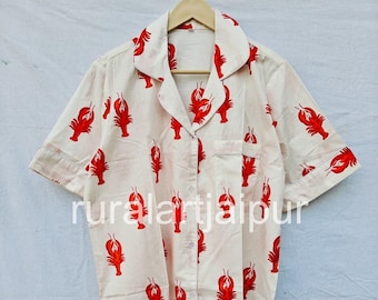 Block Print Cotton Pajama Set, Women's Sleepwear, Lobster Print