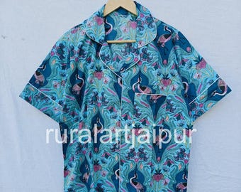 Cotton Pajama Set, Block Print Sleepwear, Women's Summer Dress