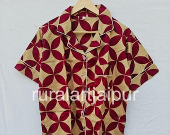 Cotton Pajama Set, Block Print Sleepwear, Women's Summer Dress