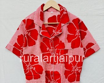 Cotton Pajama Set, Block Print Sleepwear, Women's Summer Dress