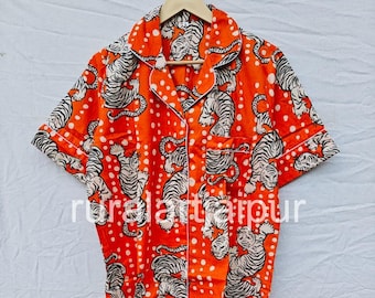 Cotton Block Print Short Pajamas Set, Tiger Print Summer Sleepwear, pyjama