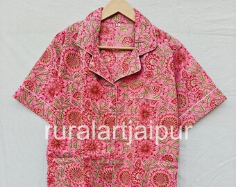 Cotton Pajama Set, Block Print Sleepwear, Women's Summer Dress