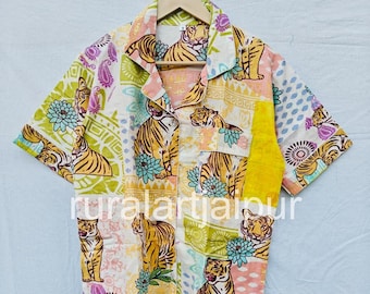 Indian Tiger Print Cotton Pajama Set, Short Sleeve Nightwear