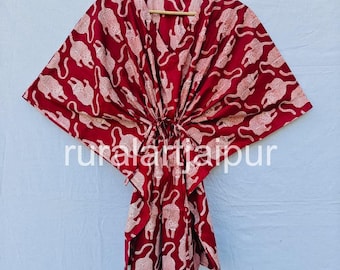 Cotton Tiger Print Kaftan: Short Indian Beach Cover-Up