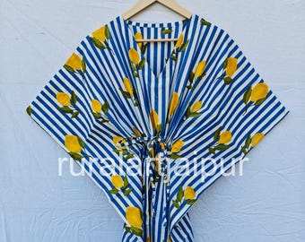 Indian Cotton Caftan, Floral Beach Dress, Dressing Gown