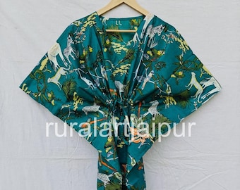 Handmade Block Printed Cotton Kaftan Dress: Floral Animal Print Cover-Up