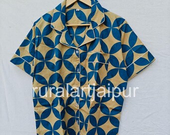 Cotton Pajama Set, Block Print Sleepwear, Women's Summer Dress