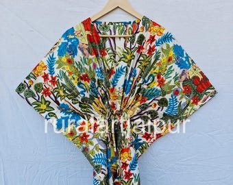 Indian Print Cotton Mini Kaftan, Beach Cover Up