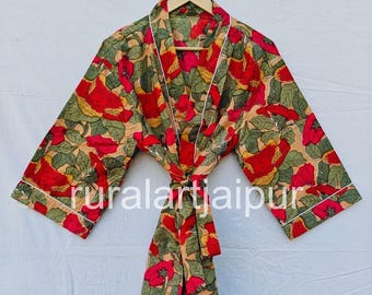 Floral Cotton Kimono Robe: Indian Print Beach Cover Up