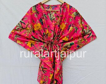 Pink Bird Print Cotton Kaftan Dress - Short Summer Kaftan