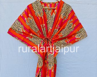 Tiger Print Cotton Kaftan Dress: Indian Hand Printed Beach Cover-Up