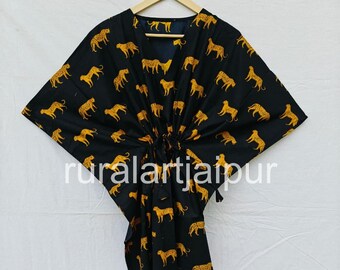 Handmade Tiger Print Cotton Kaftan: Boho Sleepwear Robe