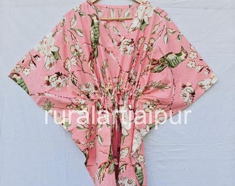 Indian Cotton Kaftan Dress: Floral Print Beach Cover Up