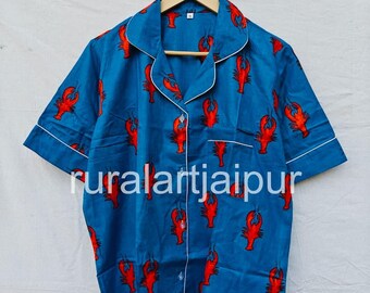 Cotton Pajama Set, Block Print Sleepwear, Women's Summer Dress