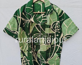 Green Cotton Pajama Set, Leaf Print Short PJs, Night Suit