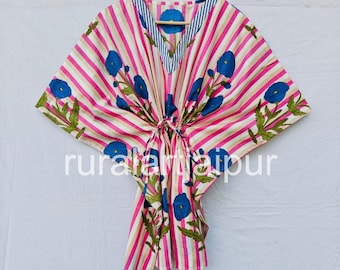Floral Cotton Kaftan: Indian Hand Block Print, Free Size