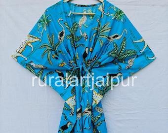 Jungle Print Cotton Kaftan: Indian Maxi Dress, Beach Cover-Up
