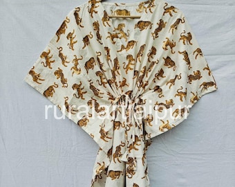 Indian Tiger Print Cotton Kaftan: Short Beach Cover Up
