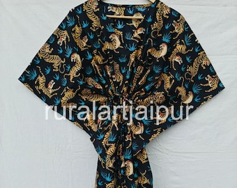 Indian Print Cotton Kaftan Dress: Short Summer Beach Cover-Up