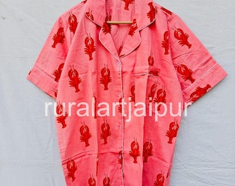 Cotton Pajama Set, Block Print Sleepwear, Women's Summer PJs