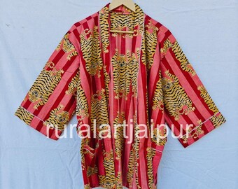 Printed Cotton Short Kimono Robe: Indian Artistry with Pockets