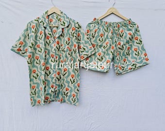 Cotton Pajama Set: Floral Block Print Shirt & Shorts
