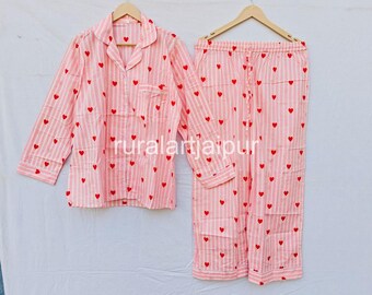 Heart Print Indian Cotton Pajamas, Bridal Party Gift