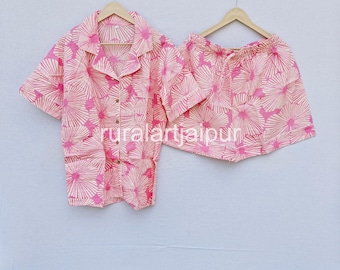 Floral Print Cotton Pajama Shorts Set: Soft Sleepwear, Bridal Gift